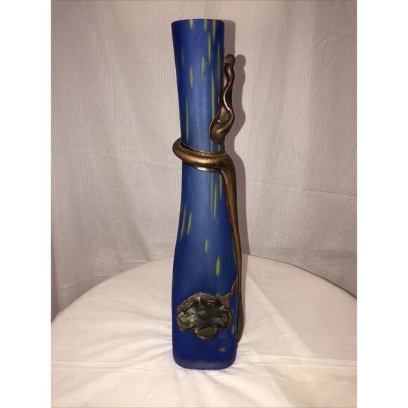 Handmade Blown Glass Vase Engraved with Metal Blue yellow Art Nouveau Style - Picture 2 of 11